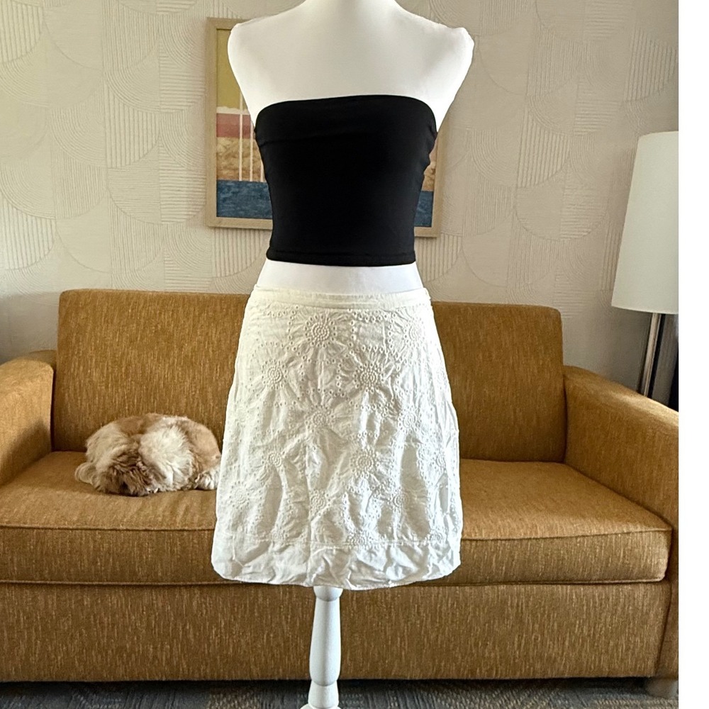 White Eyelet Floral Sunburst Mini Skirt Cotton Side Zip Summer Boho Cream